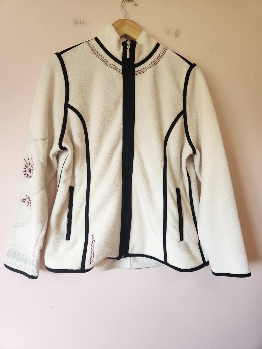 Eddie Bauer Cream Fleece Full Zip Embroidered Boho Folk Y2K Sherpa Jacket XL